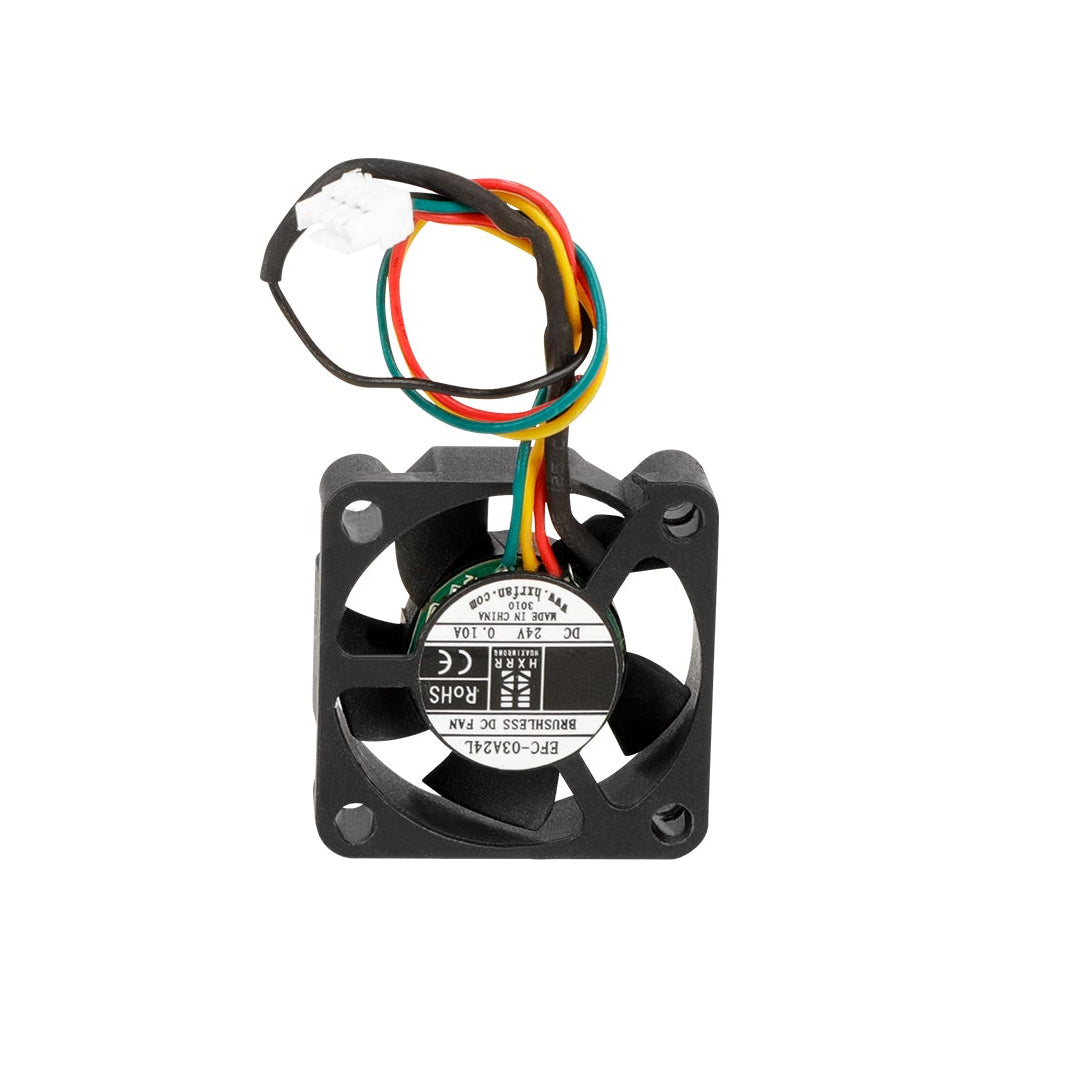 Small black fan with multicolored wires on a white background