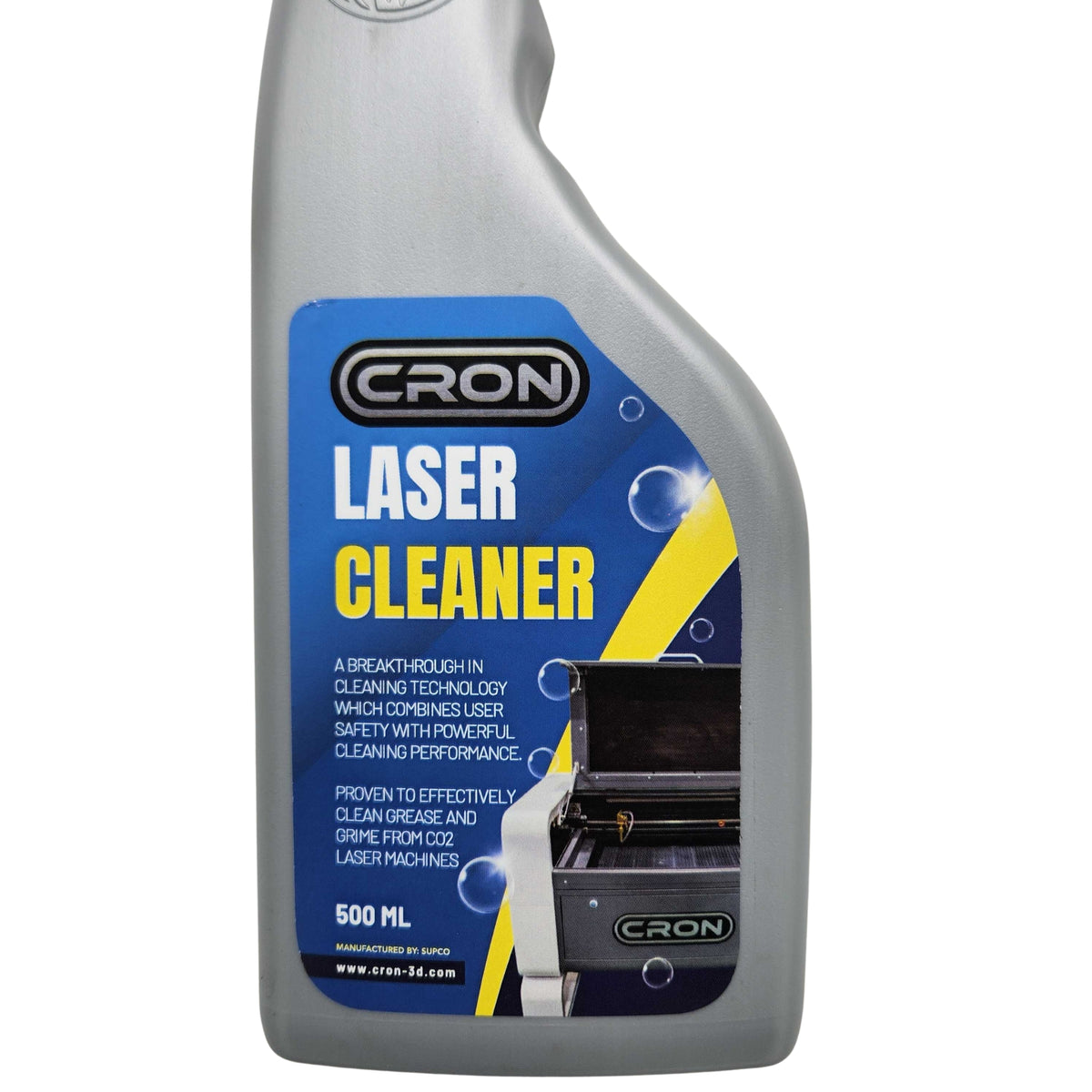 Spray bottle labeled 'Cron Laser Cleaner' on a white background
