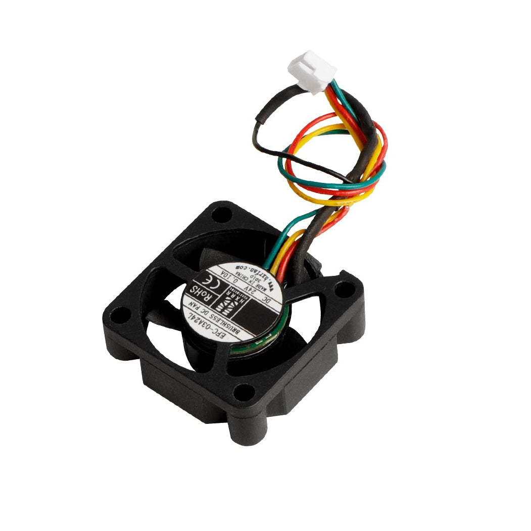Small black fan with multicolored wires on a white background