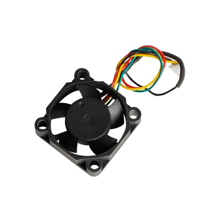 Small black fan with multicolored wires on a white background