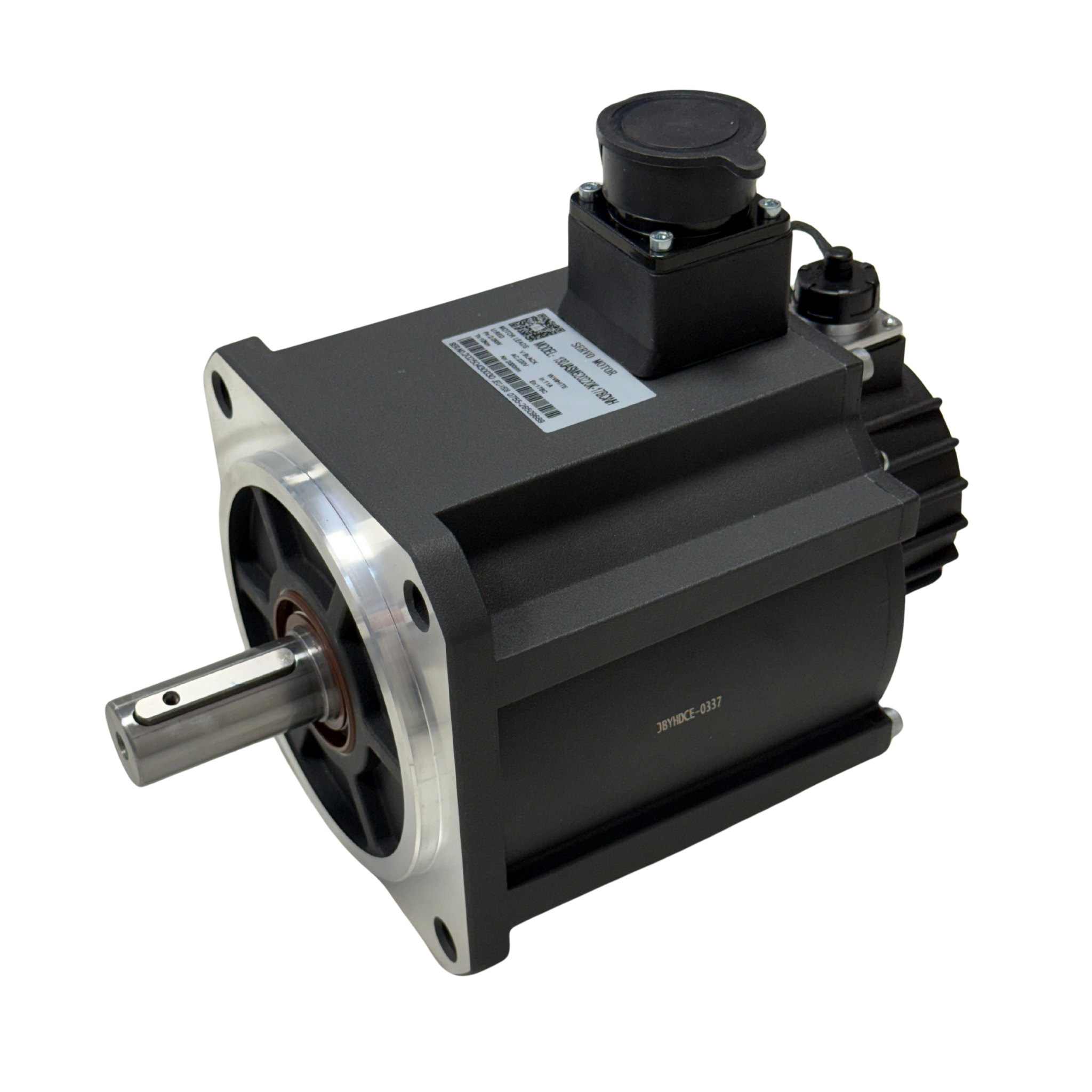 Black AC Servo Motor with a silver shaft on a white background