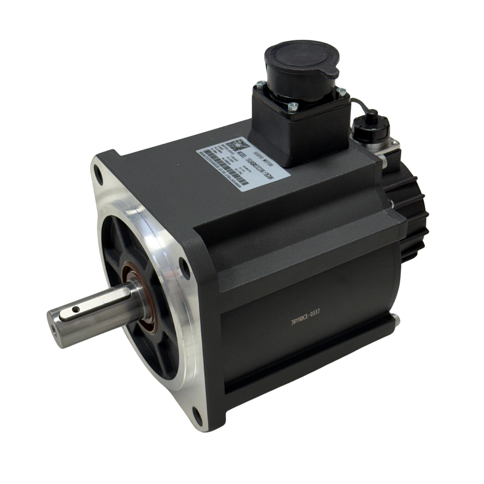 Black AC Servo Motor with a silver shaft on a white background