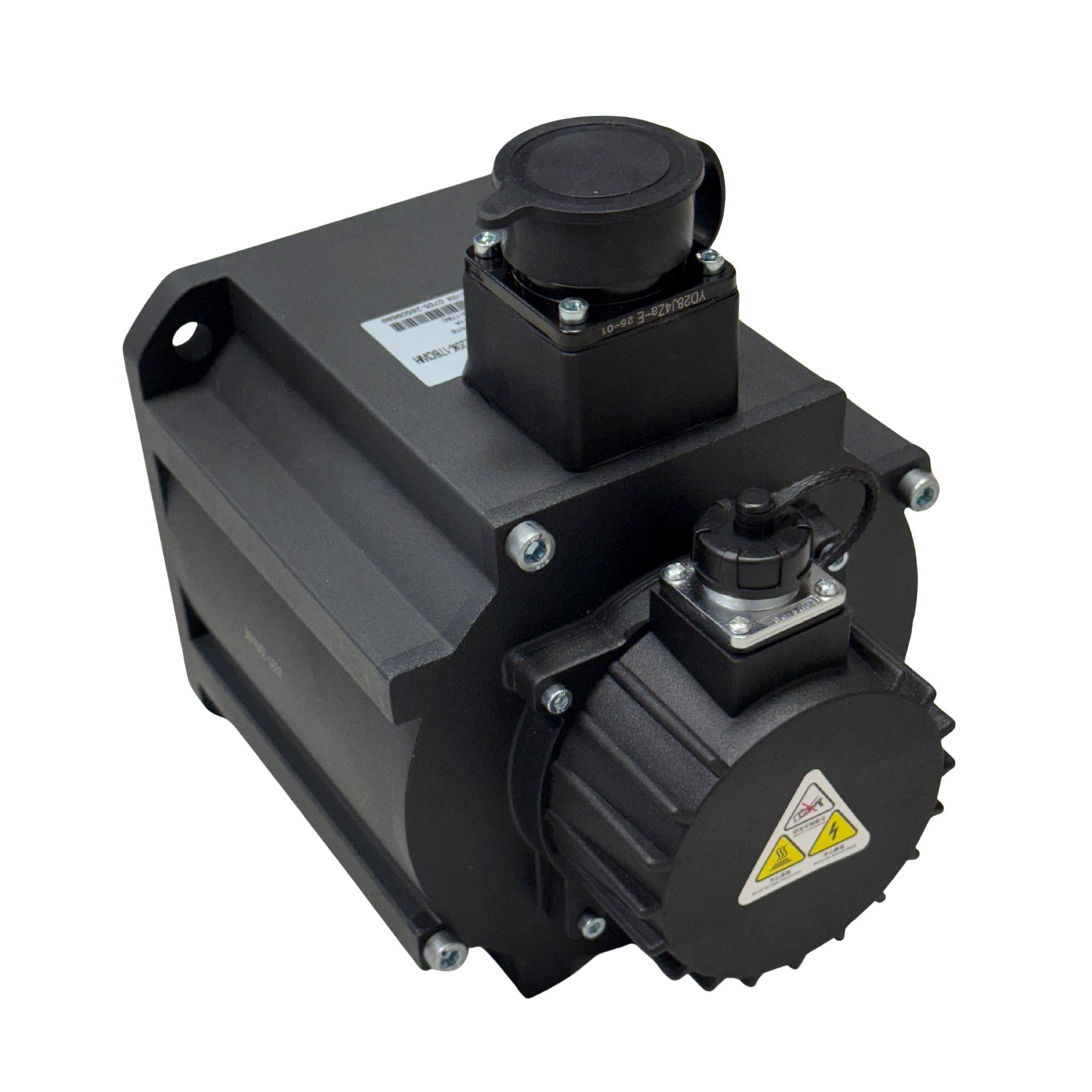 Black mechanical AC servo Motor with visible branding on a white background