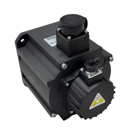 Black mechanical AC servo Motor with visible branding on a white background