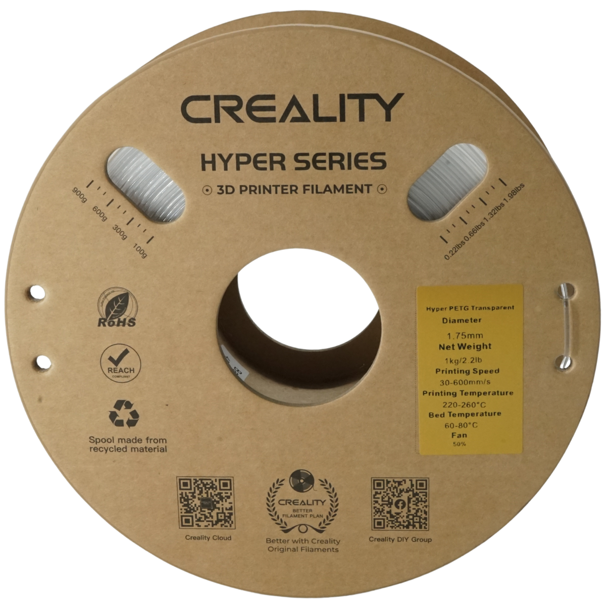 Creality Hyper PETG Filament, 1.75mm, 1kg, Transparent