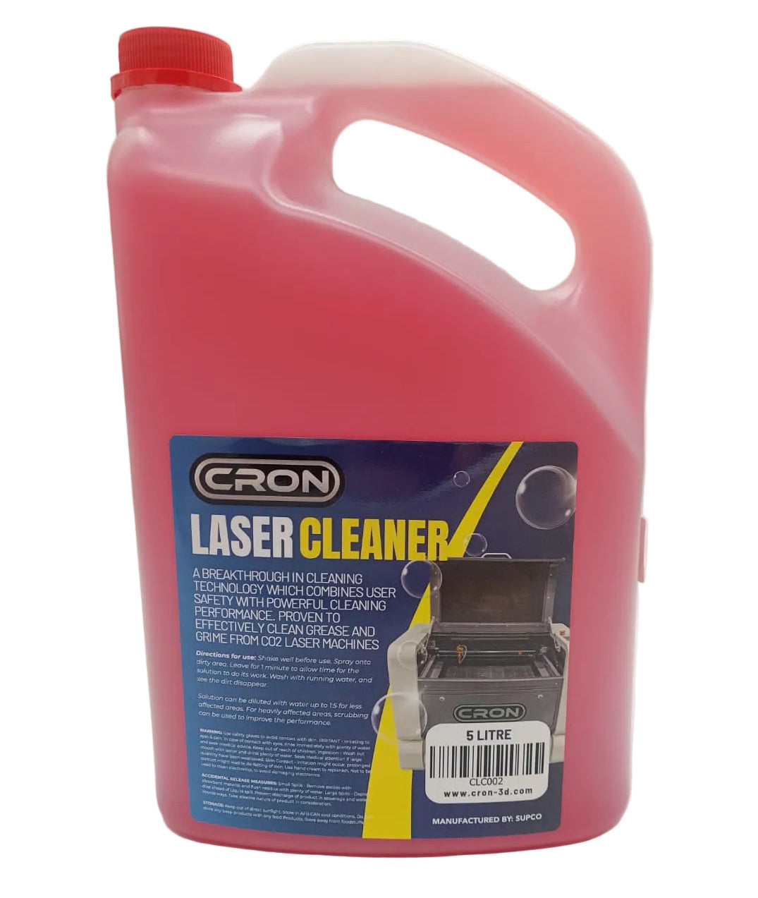 Red laser cleaner container with a label on a white background