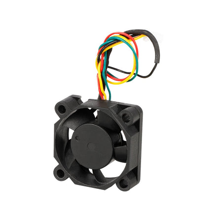 Small black fan with multicolored wires on a white background