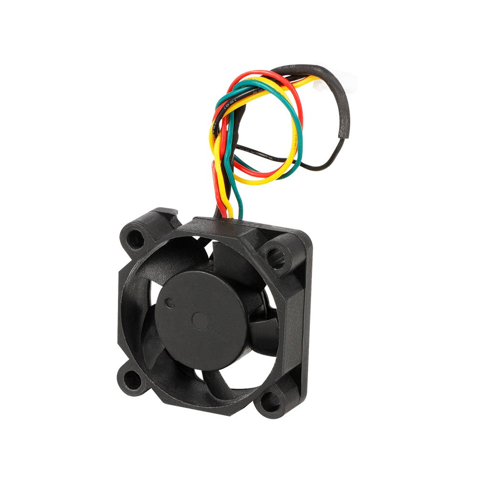 Small black fan with multicolored wires on a white background