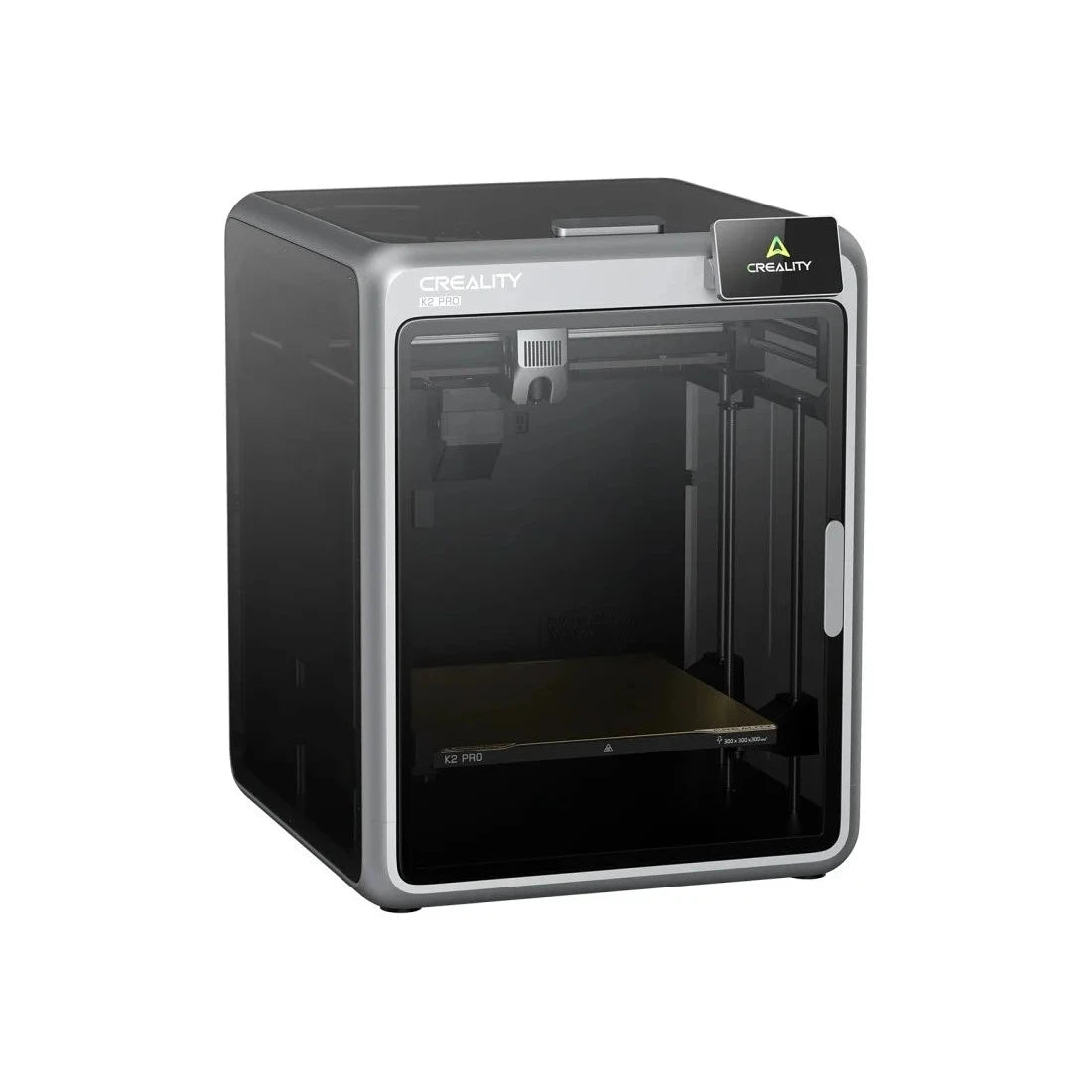 3D printer with a clear front panel on a white background