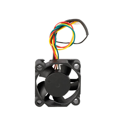 Small black fan with multicolored wires on a white background