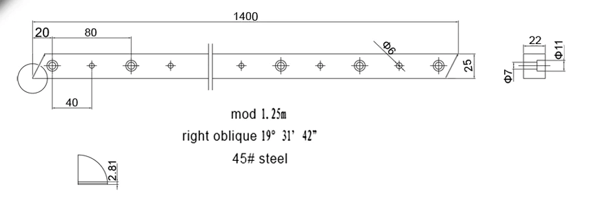 Rack Gear, 1.25 Mod, Helical tooth, 1400mm long